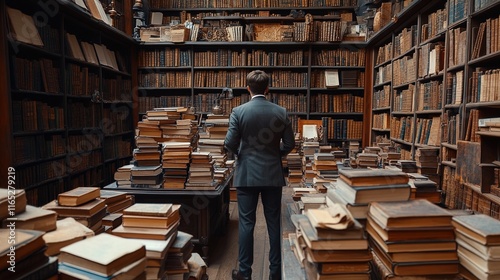 Lawyer in a library filled with old law books, classic and refined environment