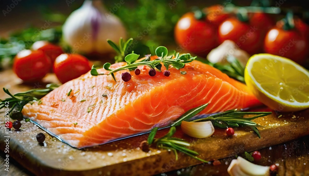 Fresh salmon fillet with assorted vegetables and herbs on a wooden board Fresh salmon fillet with assorted vegetables and herbs on a wooden board