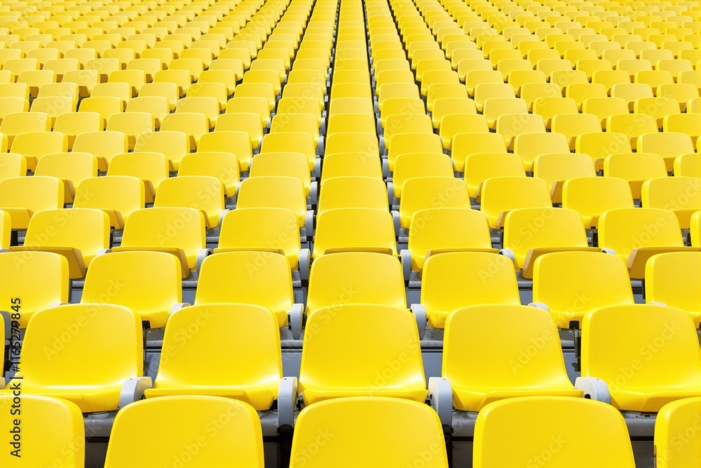 Naklejka premium Bright yellow stadium seats arranged in perfect symmetry, creating repetitive patterns, on a light background. Concept of seating arrangement and uniformity. Ai generative.