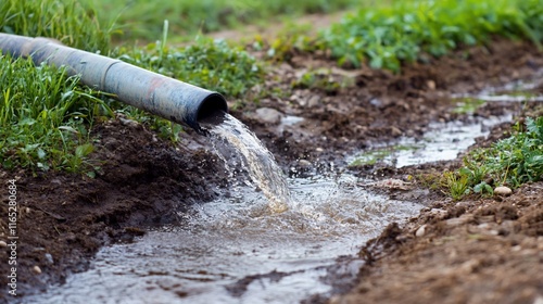 Water flowing from a pipe into a muddy irrigation ditch. photo