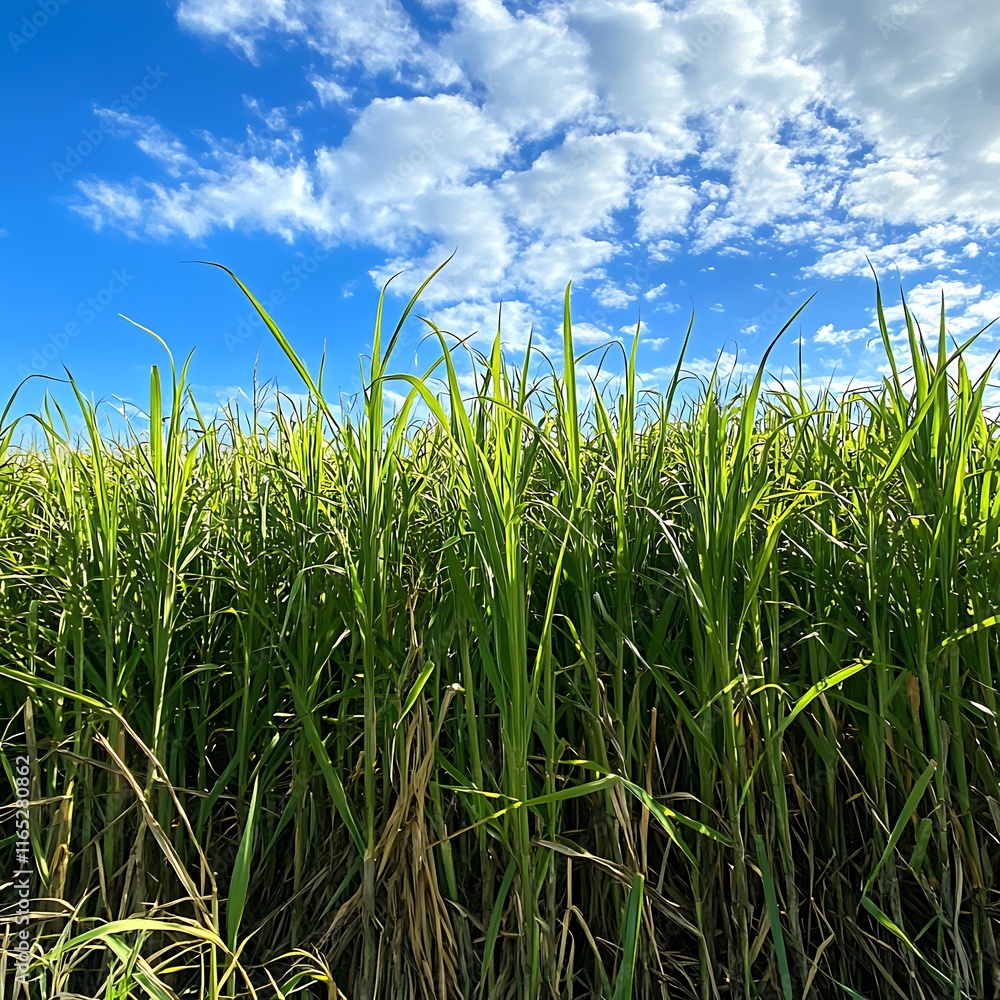 Sugar Cane field with blue sky and white clouds background. Sugar Cane field with blue sky and white clouds background.