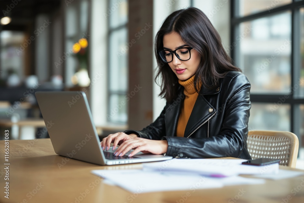 Woman in a leather jacket and glasses typing on a laptop, seated at a wooden table, with blurred office background. Concept of modern workspace. Ai generative Woman in a leather jacket and glasses typing on a laptop, seated at a wooden table, with blurred office background. Concept of modern workspace. Ai generative