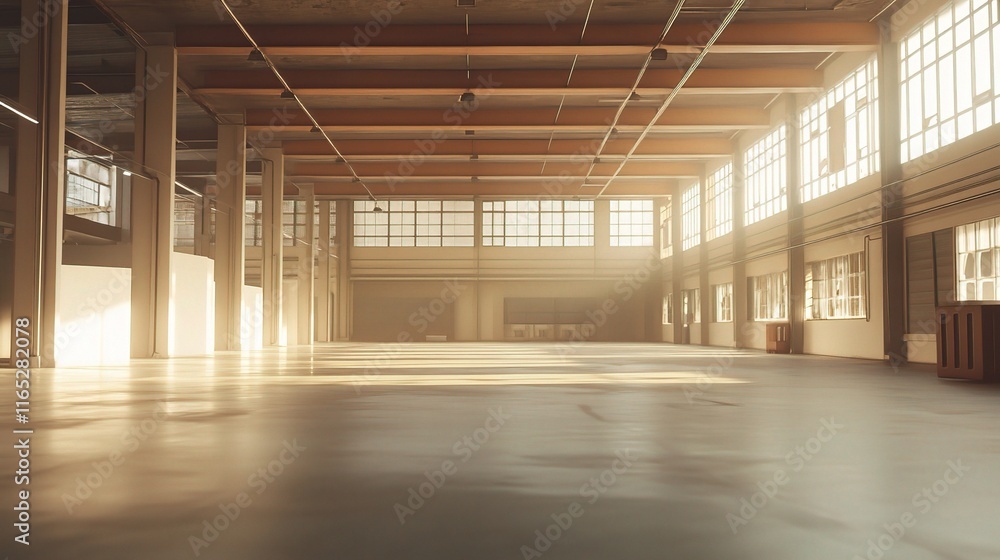 Fototapeta premium Spacious Empty Warehouse with High Ceilings and Natural Light