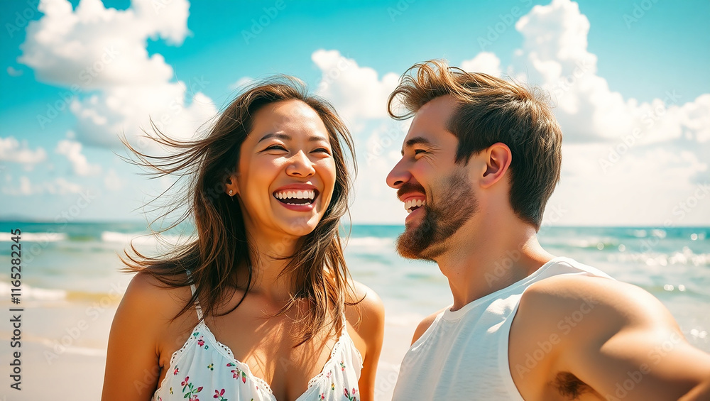 Cheerful Asian Woman and Caucasian Man Sharing a Joyful Moment at the Beach, Smiling Couple Enjoying a Fun Summer Day at the Beach with Ocean View