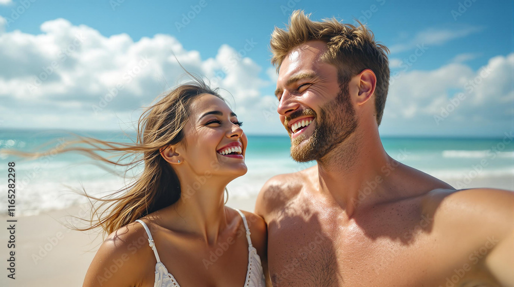 Cheerful Asian Woman and Caucasian Man Sharing a Joyful Moment at the Beach, Smiling Couple Enjoying a Fun Summer Day at the Beach with Ocean View Cheerful Asian Woman and Caucasian Man Sharing a Joyful Moment at the Beach, Smiling Couple Enjoying a Fun Summer Day at the Beach with Ocean View