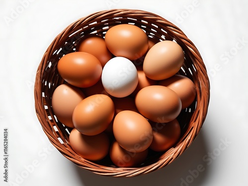 A top view chicken or hen eggs in a basket on a flat background photo