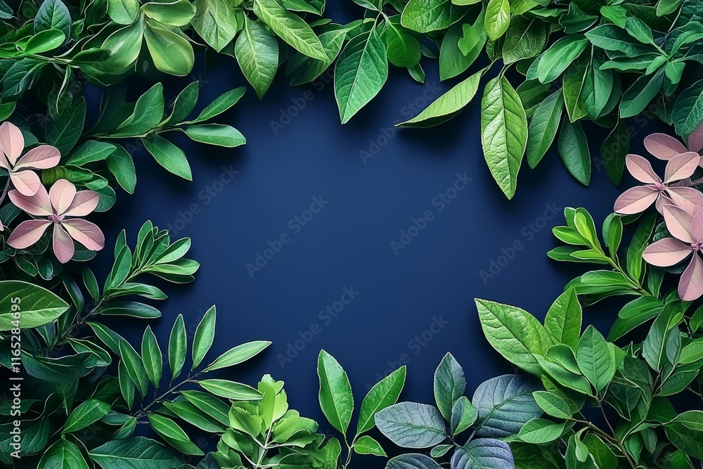 Fototapeta premium Lush Green Leaves Frame Pink Flowers Background