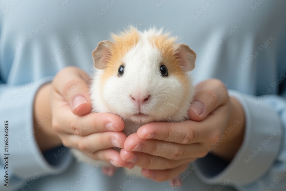 Adorable Guinea Pig Held Gently in Hands Against Soft Background Adorable Guinea Pig Held Gently in Hands Against Soft Background