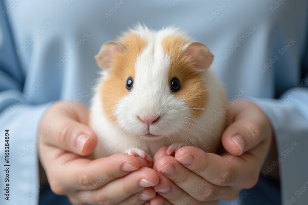 Cute and Fluffy Guinea Pig Cuddled in Hands of a Loving Owner Cute and Fluffy Guinea Pig Cuddled in Hands of a Loving Owner