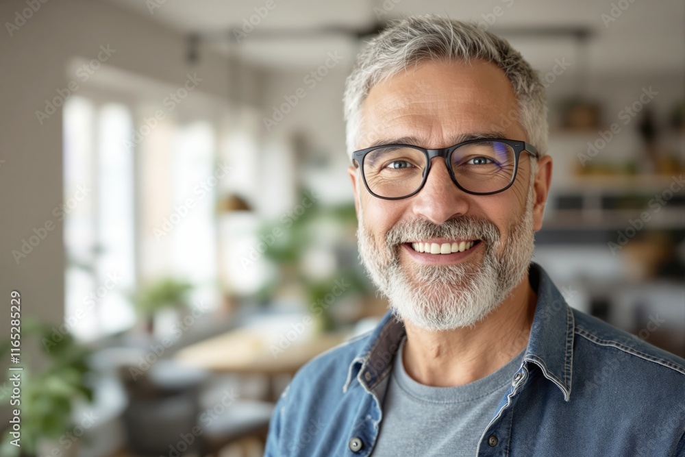 Smiling middle-aged man with gray hair and beard wearing glasses, standing in a bright, cozy home interior with blurred backgrounds. Cheerful concept. Ai generative Smiling middle-aged man with gray hair and beard wearing glasses, standing in a bright, cozy home interior with blurred backgrounds. Cheerful concept. Ai generative