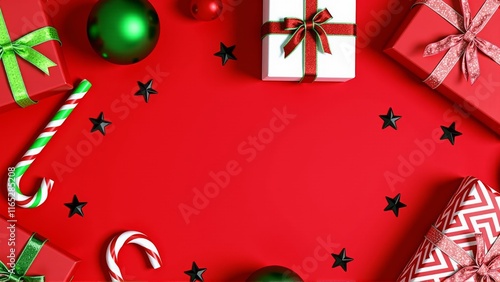 Festive Holiday Scene: Vibrant Red Background with Colorful Christmas Baubles, Presents, Candy Canes, and Starry Confetti