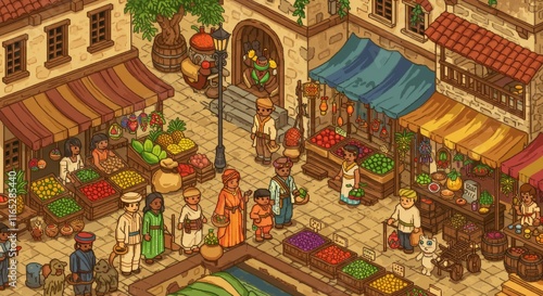 Colorful market square packed with diverse vendors and fresh produce in a vibrant setting