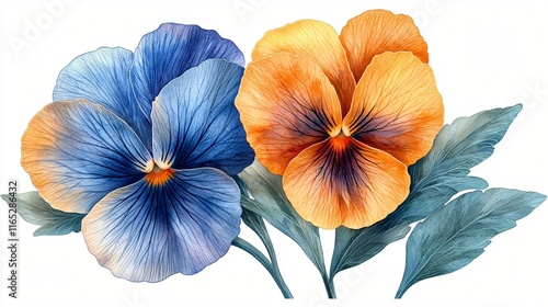 Wallpaper Mural Vibrant Watercolor Pansies Blue Orange Flowers Botanical Illustration Floral Art Nature Torontodigital.ca