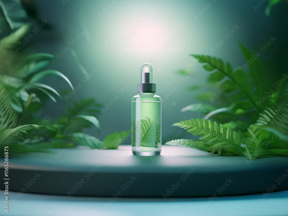 Glass bottle of light green serum sits on a circular platform amidst lush green foliage. Soft, ethereal lighting enhances the natural beauty. Glass bottle of light green serum sits on a circular platform amidst lush green foliage. Soft, ethereal lighting enhances the natural beauty.