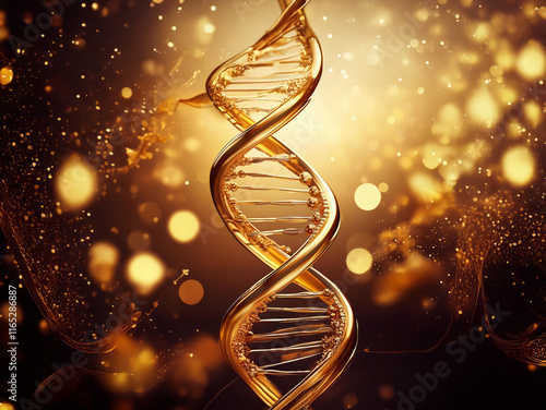 A luminous gold DNA double helix glows against a dark background speckled with golden bokeh.  The image evokes concepts of life, genetics, and scientific discovery. photo