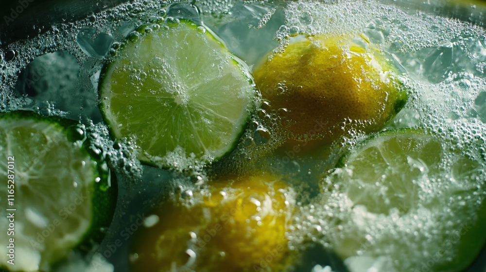 Fresh Citrus Slices in Sparkling Water with Bubbles and Vibrant Colors Fresh Citrus Slices in Sparkling Water with Bubbles and Vibrant Colors