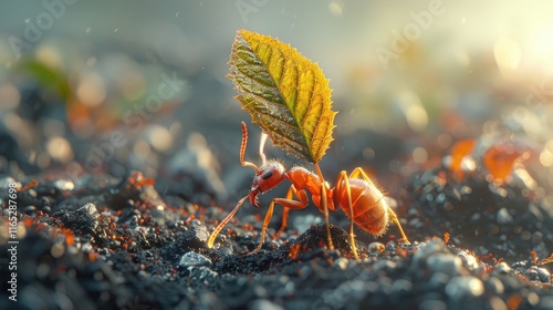 A detailed view of an ant carrying a leaf fragment, showcasing its strength and the intricate textures of both ant and leaf in a microcosmic landscape.