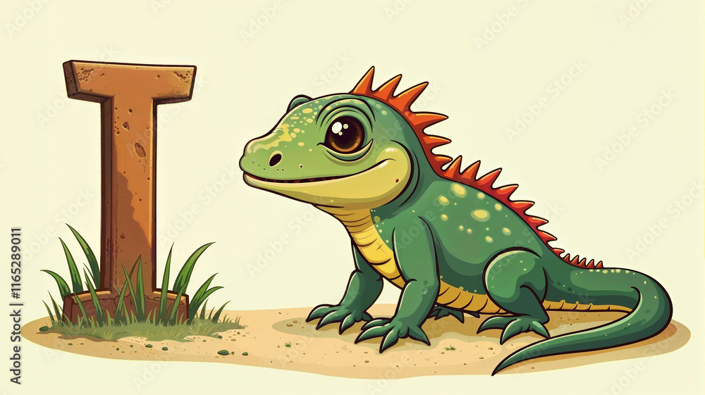 Fototapeta premium Children's alphabet, letter I with cartoon style iguana image