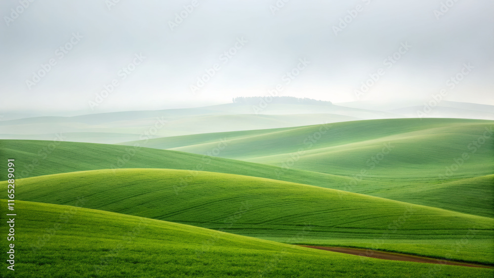 Obraz premium Simplicity of rolling green hills under fog scenic landscape nature photography calm environment serene viewpoint