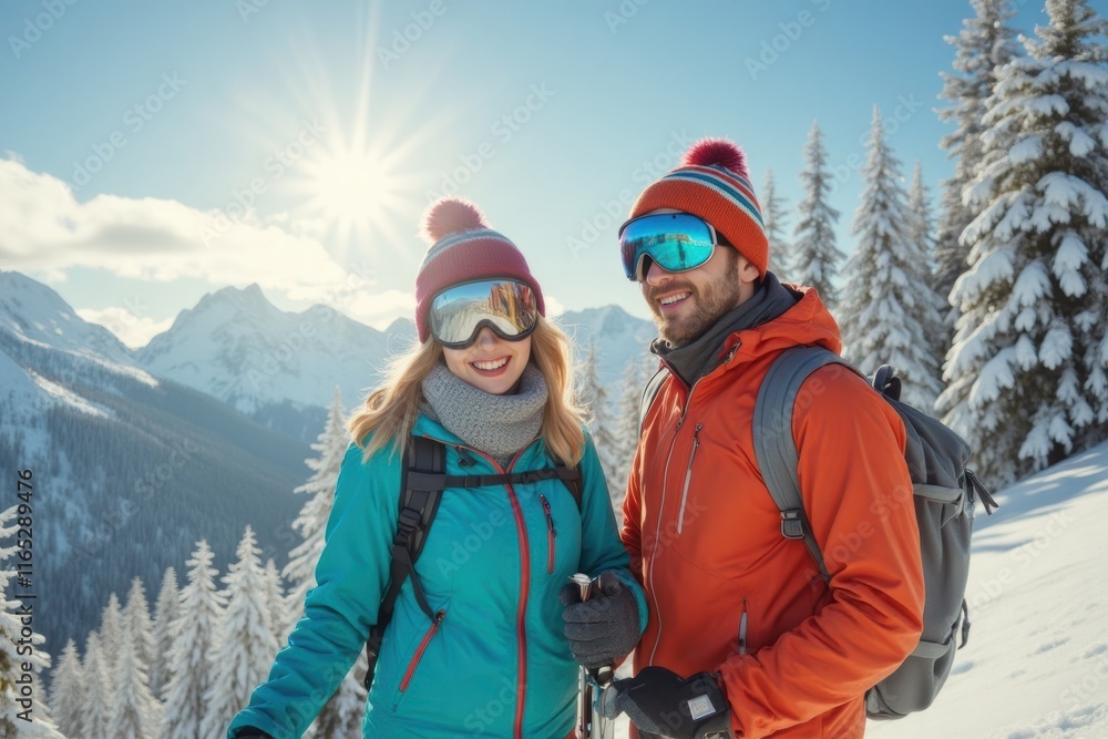 Happy Couple Enjoying Winter Adventure in Snowy Mountain Landscape Happy Couple Enjoying Winter Adventure in Snowy Mountain Landscape