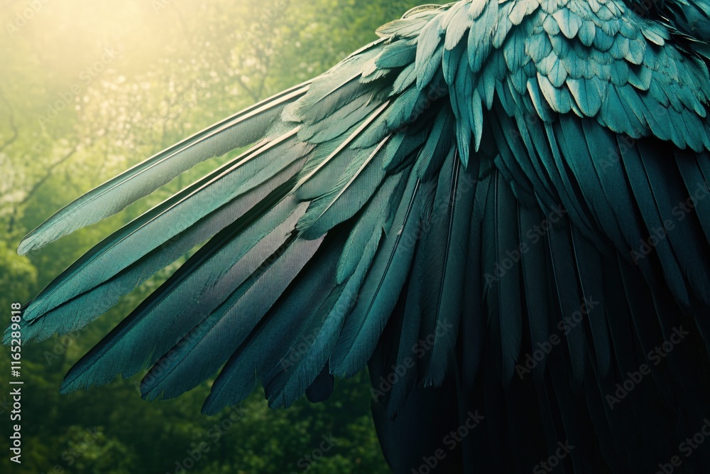Obraz premium Elegant Display of Iridescent Bird Wing Feathers in Natural Sunlit Forest Background