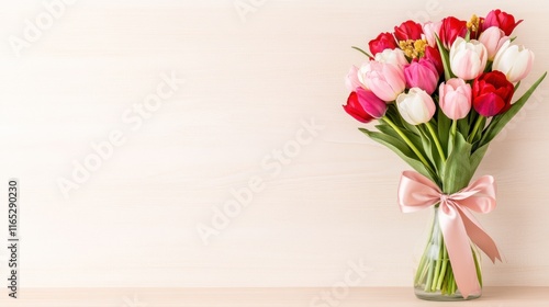 A vibrant bouquet of tulips in a vase with a ribbon.