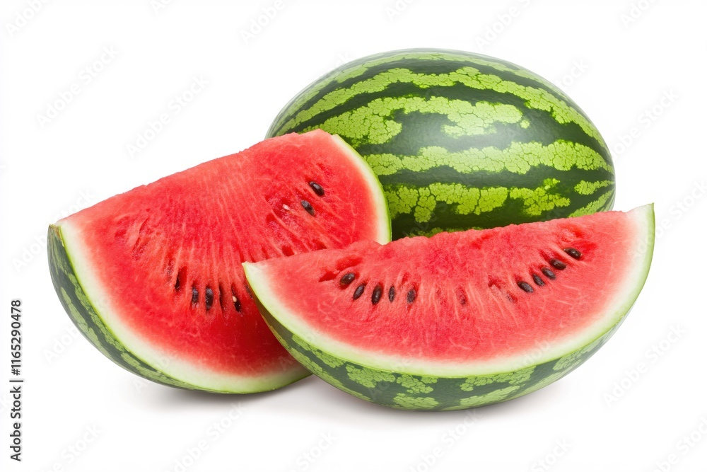 Fresh Watermelon Slices and Whole Watermelon on White Background Fresh Watermelon Slices and Whole Watermelon on White Background
