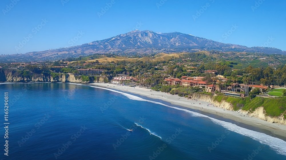 Fototapeta premium Scenic coastal view with mountains and beach.