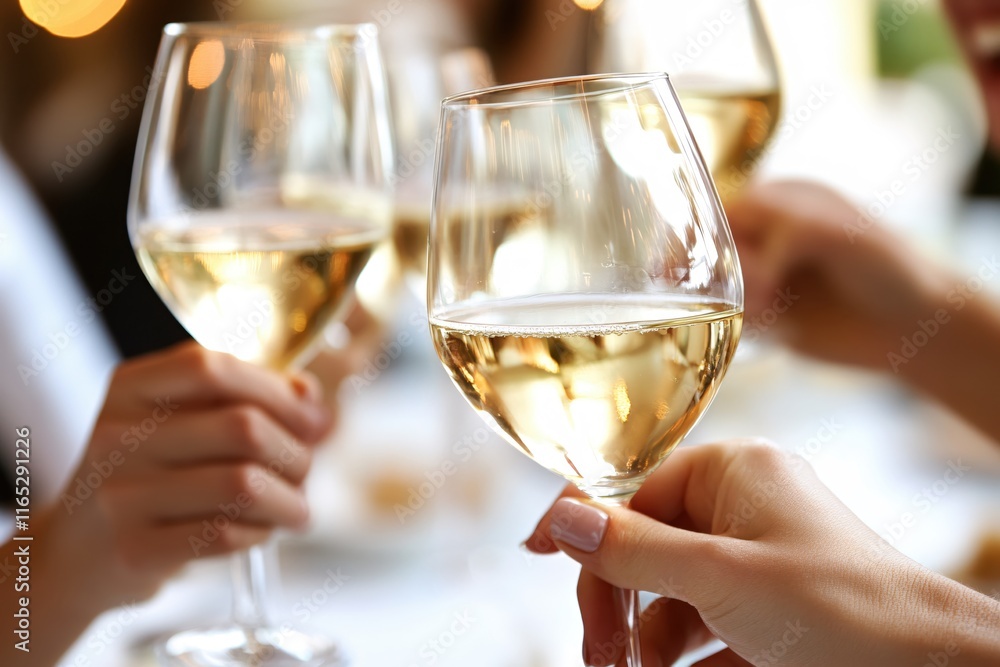 Obraz premium Cheers to Celebration with White Wine Glasses in Bright Restaurant Atmosphere