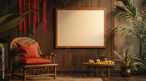 Fototapeta Naklejka Na Ścianę i Meble -  Traditional bamboo chair with Chinese tassels and festive setup