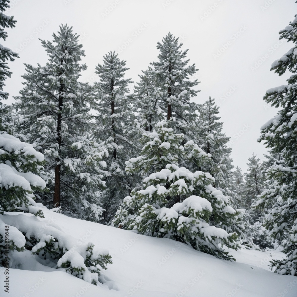 Snow-covered pine green trees with soft mounds of snow piled on their branches, shown clearly with a white background. Snow-covered pine green trees with soft mounds of snow piled on their branches, shown clearly with a white background.