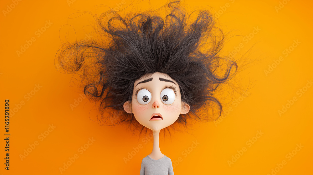 © carolina - woman who hasn't slept well, looks crazy with very messy hair and super dark circles, in cartoon style, with a orange background © carolina - woman who hasn't slept well, looks crazy with very messy hair and super dark circles, in cartoon style, with a orange background