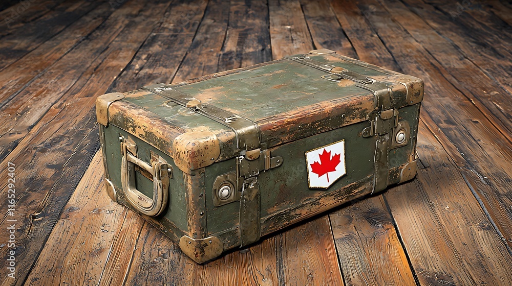 Obraz premium Migration Trends, Vintage Green Travel Trunk with Distressed Finish and Canadian Maple Leaf Patch on Rustic Wooden Floor Background