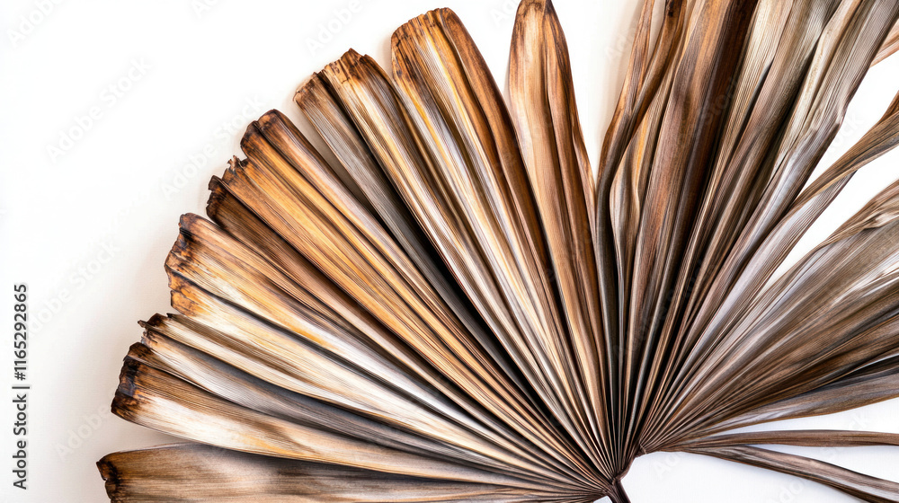 Obraz premium An intricate dried palm frond fanned out with striking detail, its warm brown tones contrasted against a bright white background