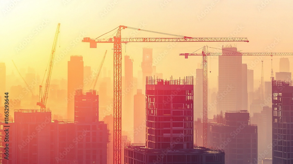 Obraz premium Sunset Over Construction Site with Tower Cranes and Urban Skyline