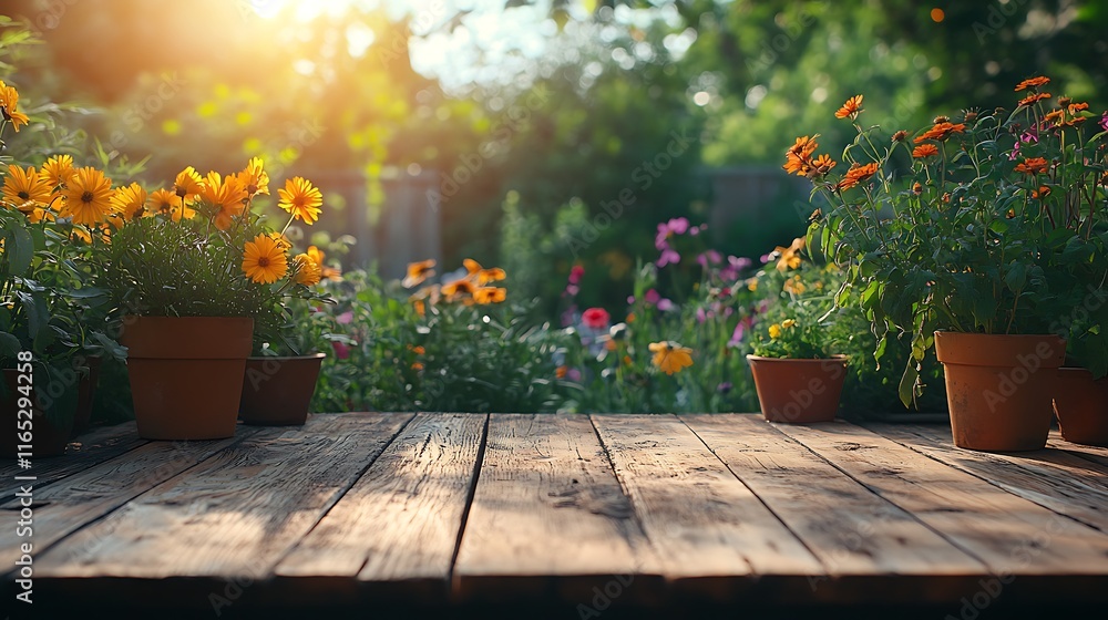 A rustic wooden table placed in a patio garden, surrounded by vibrant potted herbs and colorful flowers, warm sunlight casting soft shadows, tranquil and inviting atmosphere, hd quality, A rustic wooden table placed in a patio garden, surrounded by vibrant potted herbs and colorful flowers, warm sunlight casting soft shadows, tranquil and inviting atmosphere, hd quality,