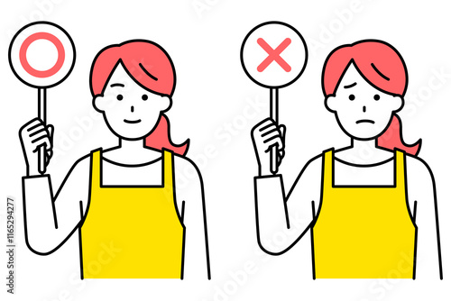 ○×マークのプラカードを上げるエプロン姿の女性