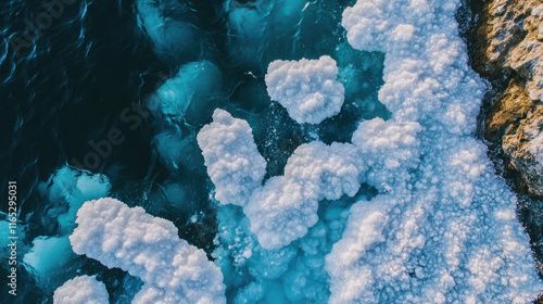 Bizarre salt structures forming along the rugged Dead Sea coastline, with striking contrast between white salt crystals and deep turquoise water. photo