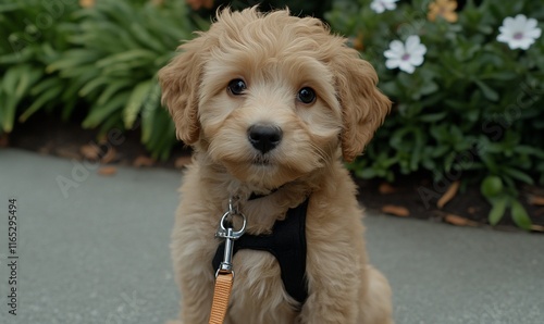 Adorable Goldendoodle puppy sitting outdoors. photo