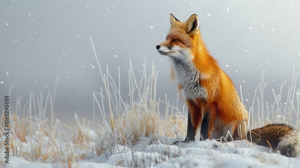 Obraz premium A solitary fox hunting in a snowy landscape, its fur and the surrounding whiteness depicted with such detail that it feels immersive.