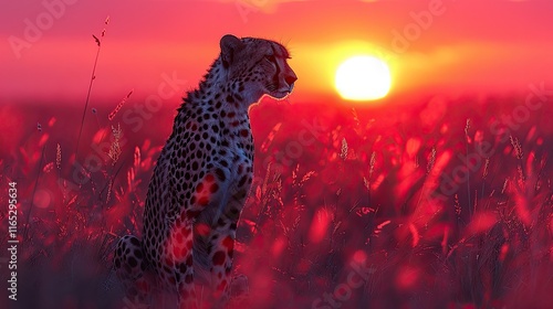 A solitary cheetah scanning the horizon at dusk, its sleek form and the fading light rendered in a scene of quiet anticipation.
