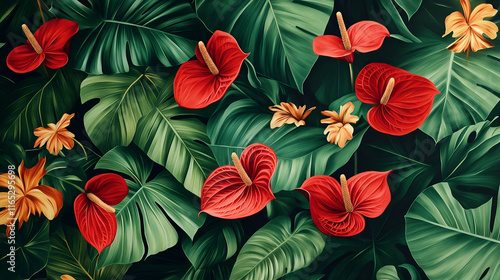 Wallpaper Mural Seamless watercolor anthurium with leaves pattern for digital print design. Torontodigital.ca