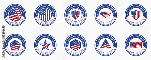 set of vector designs of circle logos of made in USA stamps with various US flag elements