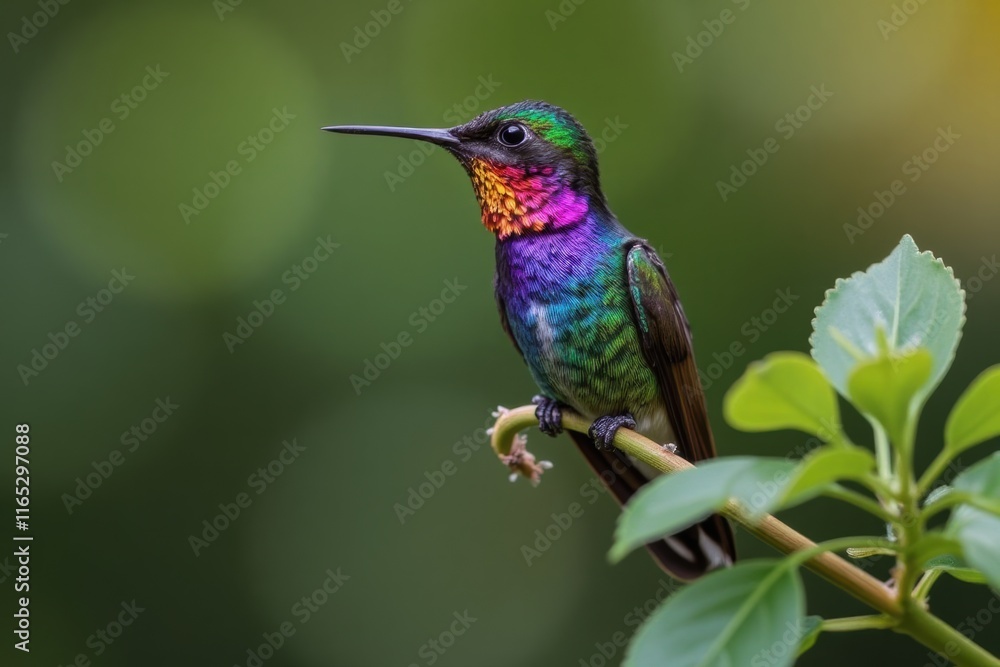 Vibrant Hummingbird Perched on Green Stem Against Blurred Background Vibrant Hummingbird Perched on Green Stem Against Blurred Background