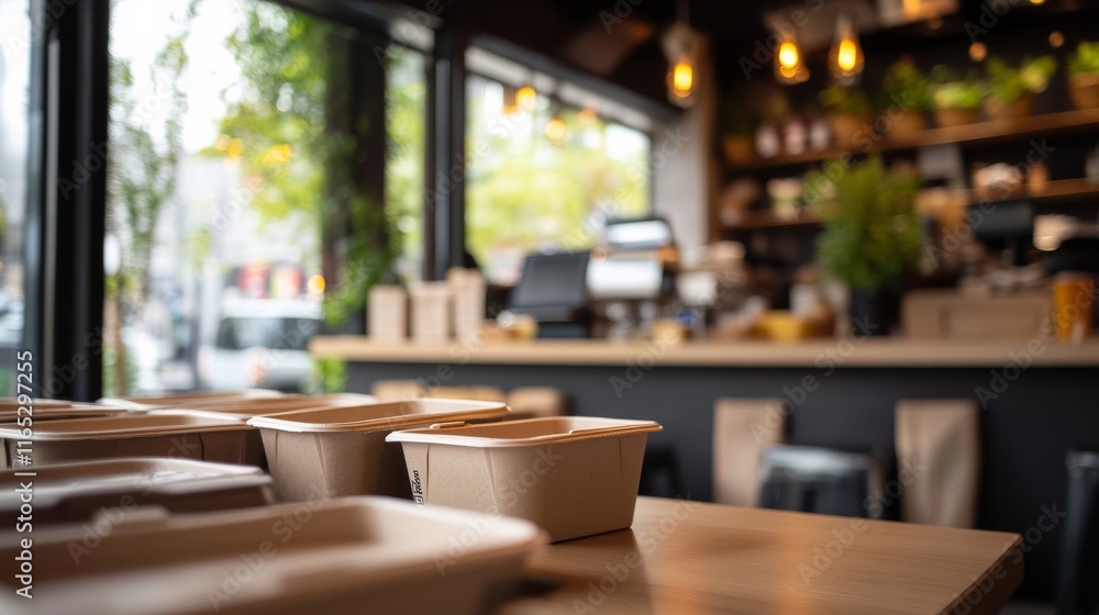 A restaurant using biodegradable takeout containers, with an emphasis on customer and environmental benefits A restaurant using biodegradable takeout containers, with an emphasis on customer and environmental benefits
