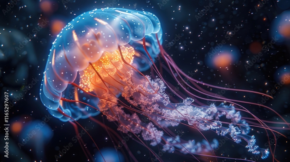 An underwater scene showing a jellyfish with its luminous tentacles trailing, captured in the depths of the ocean with ethereal lighting An underwater scene showing a jellyfish with its luminous tentacles trailing, captured in the depths of the ocean with ethereal lighting