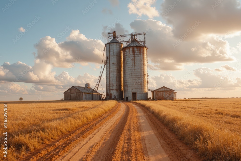 Dusty Country Road Leading to Rustic Grain Silos at Sunset Dusty Country Road Leading to Rustic Grain Silos at Sunset