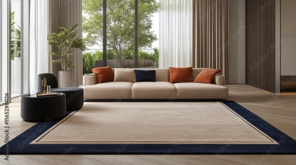 Fototapeta premium Simple yet Modern Beige Rectangle Carpet with Dark Blue Border Perfect for Modern Furniture