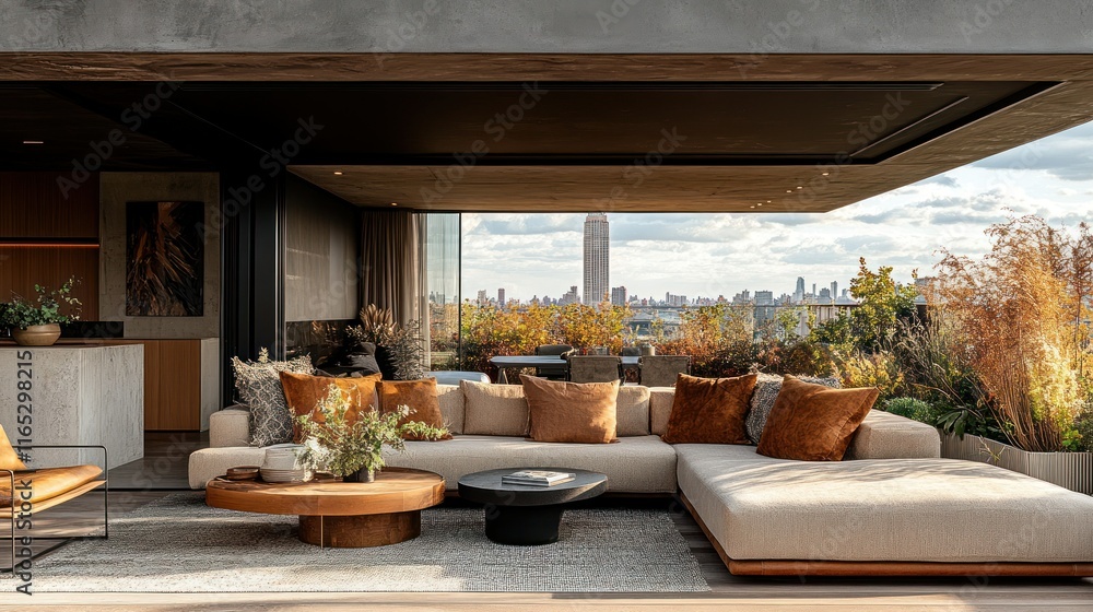Fototapeta premium Modern living room with city view and stylish decor.