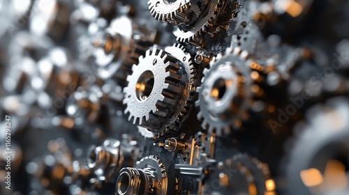 Close-up of interlocking gears rotating smoothly in complex machinery photo